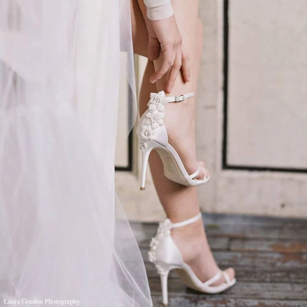 GARDENIA Ankle Strap Ivory Pearl Wedding Shoes with 3D Floral Sculpture