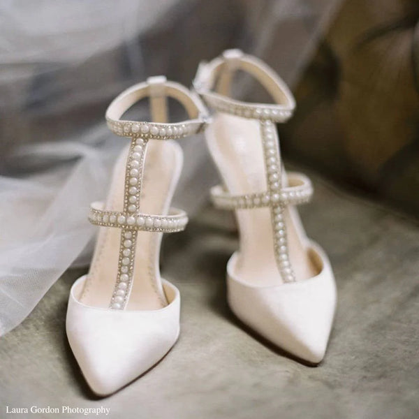 CAROLINA Ivory Wedding Shoes with Pearls T Strap Heels