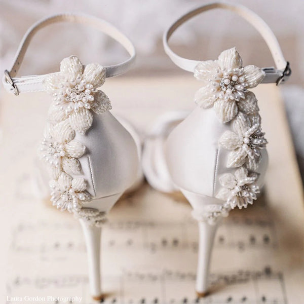 GARDENIA Ankle Strap Ivory Pearl Wedding Shoes with 3D Floral