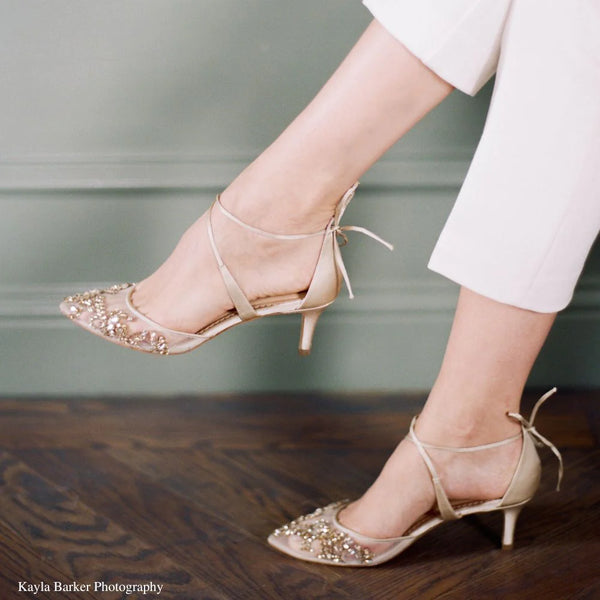 Champagne Gold Kitten Heels with Crystals | Bella Belle