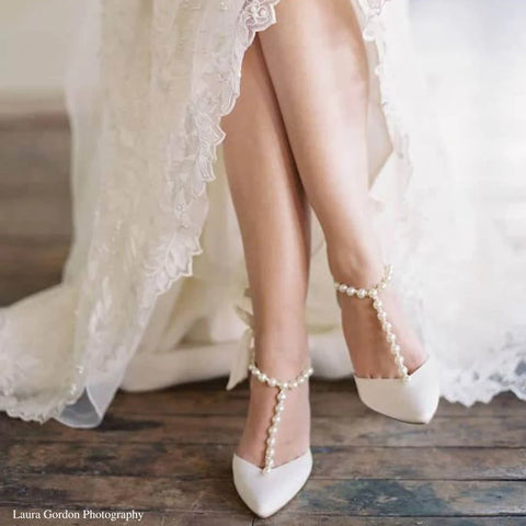 LISBETH T-Strap Ivory Heels with Pearls and Ankle Strap Bow