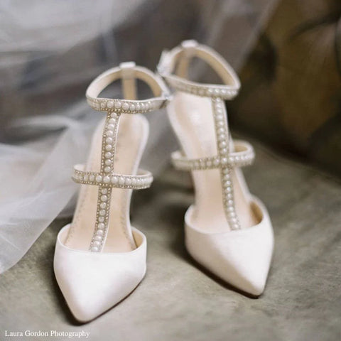 CAROLINA Ivory Wedding Shoes with Pearls, T Strap Heels