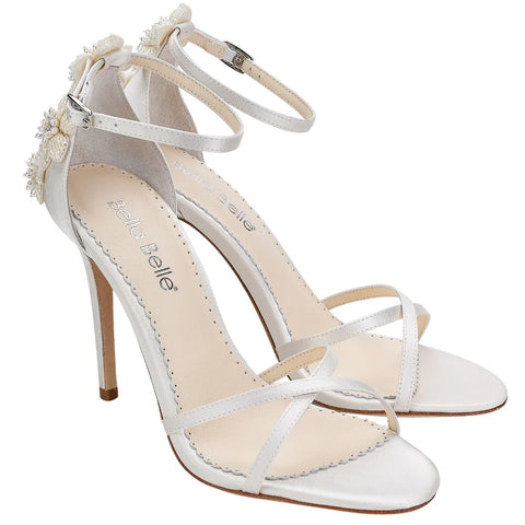 GARDENIA Ankle Strap Ivory Pearl Wedding Shoes with 3D Floral Sculpture